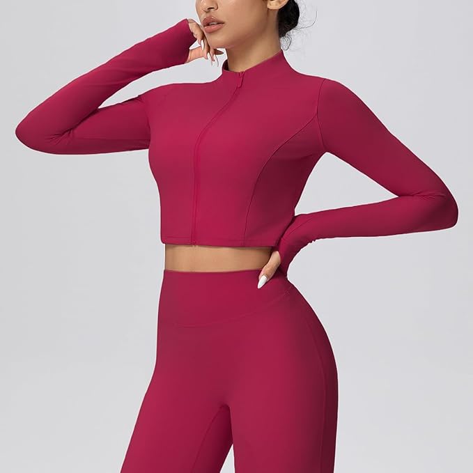 Yknktstc Womens Full Zip Athletic Jacket with Thumbhole Long Sleeve Crop Top Running Workout Yoga Sportswear Shirt