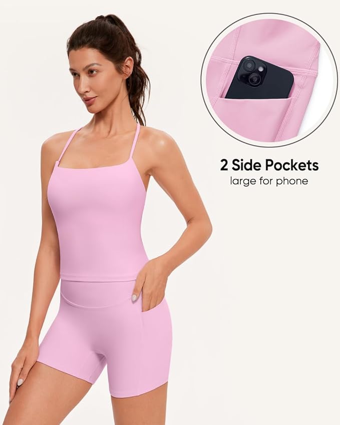 OMKAGI Workout Sets for Women Cute Spaghetti Strap Tank Tops Booty Shorts Outfits with Pockets