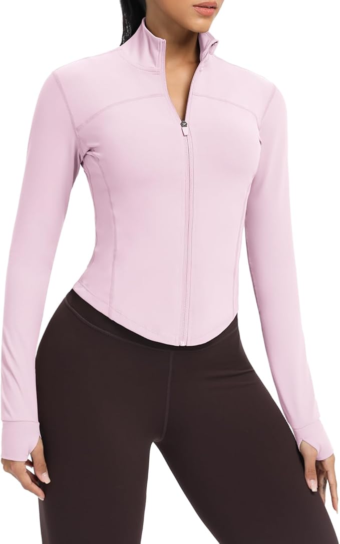 AVGO Women's Cropped Running Workout Jackets Zip Slim Fit Athletic Tops with Thumb Holes