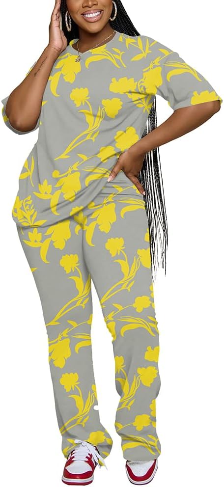 PINSV Women 2 Piece Outfits Short Sleeve Top and Flare Pants Lounge Sets Tracksuit