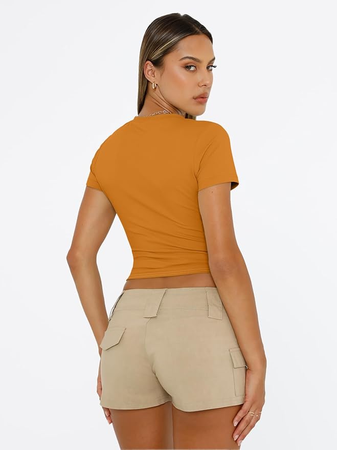 Trendy Queen Womens Short Sleeve T Shirts - Buttery Soft Summer Crop Tops Slim Fit Y2k Basic Tees for Workout