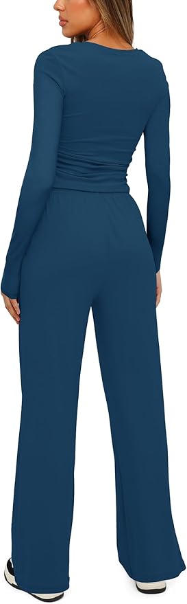Darong Women's 2 Piece Outfits Lounge Sets 2026 Long Sleeve Tops Wide Leg Pants Casual Matching Set
