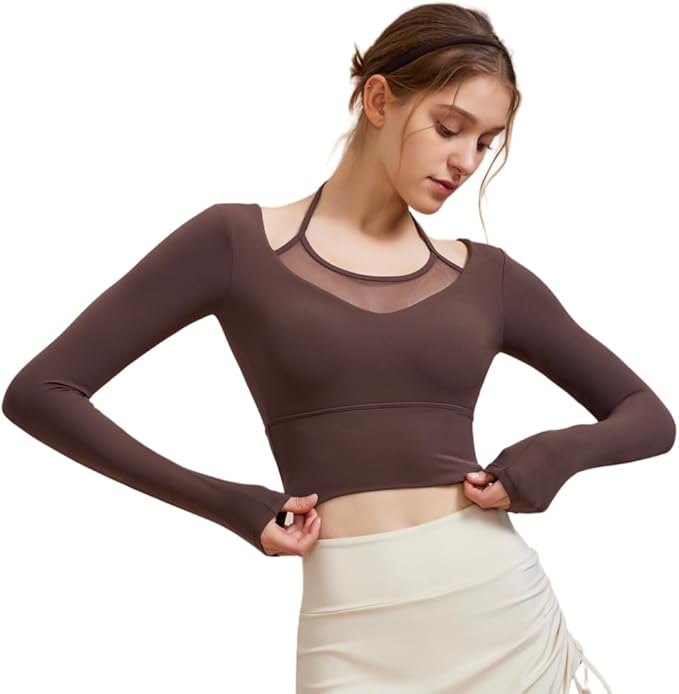 Harssidanzar Women's Yoga Workout Tops 2 in 1 Sports Bra for Gym Athletic Casual Long Sleeve CL312US