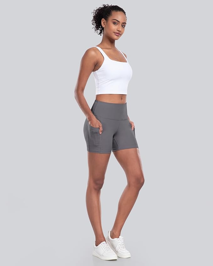 CHRLEISURE Womens Biker Yoga Shorts with Pocket, High Waisted Tummy Control 5 Inch Workout Spandex Athletic Gym Shorts