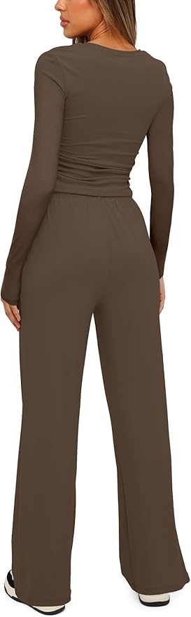 Darong Women's 2 Piece Outfits Lounge Sets 2026 Long Sleeve Tops Wide Leg Pants Casual Matching Set