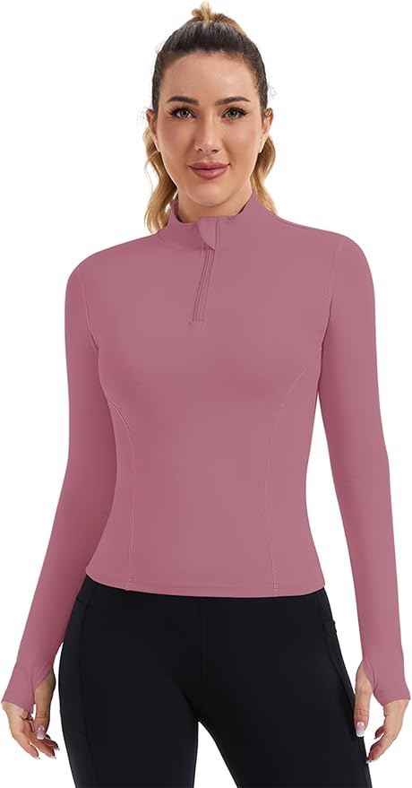 ZHENWEI Womens Workout Tops Long Sleeve Quarter Zip Pullover Quick Dry Golf Shirt Athletic Slim Fit Crop Yoga Gym Tops