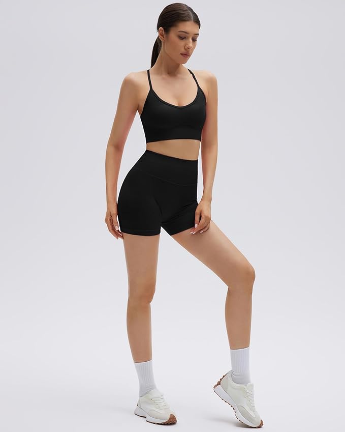 SUUKSESS Women Seamless 2 Piece Workout Sets Criss Cross Sports Bra High Waist Booty Shorts