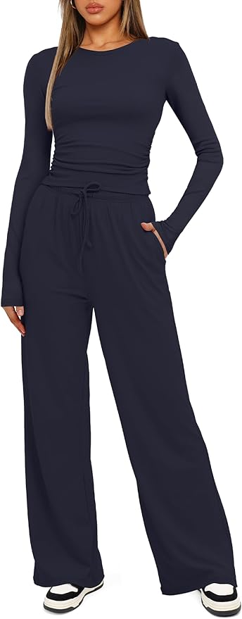 Darong Women's 2 Piece Outfits Lounge Sets 2026 Long Sleeve Tops Wide Leg Pants Casual Matching Set