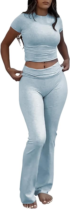 ZFLM Casual Workout Two Piece Outfits for Women Short Sleeve Crop High Waist Foldover Flare Pants Tracksuit Sets Streetwear