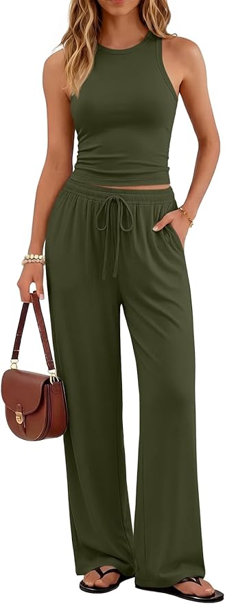 Trendy Queen Women's 2 Piece Summer Lounge Sets Butter Soft Tank Top & High Waisted Wide Leg Pants with Pockets