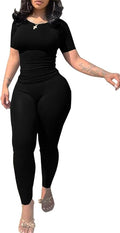 PINSV 2 Piece Sets for Women Summer Casual Jogger Workout Outfits Fitted Crew Neck T-shirt High Waist Legging Sets
