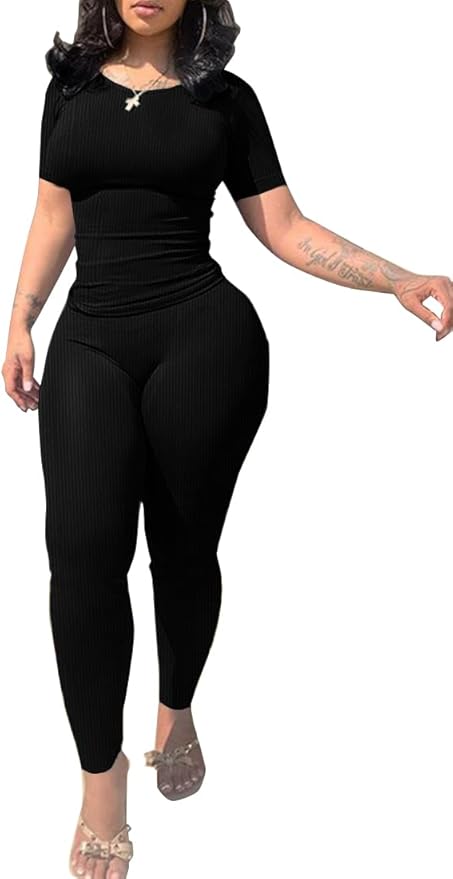 PINSV 2 Piece Sets for Women Summer Casual Jogger Workout Outfits Fitted Crew Neck T-shirt High Waist Legging Sets