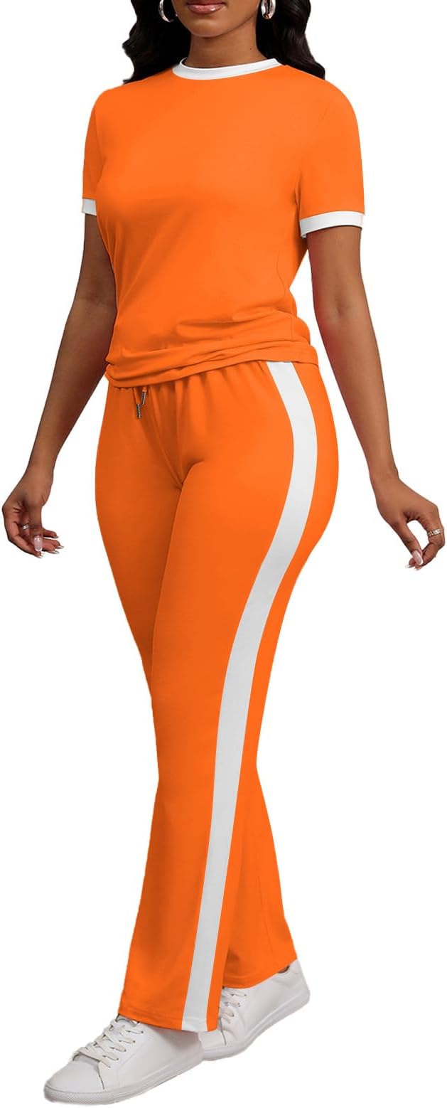 PINSV Women's 2 Piece Outfits Short Sleeve Tops Sweatpants Colorblock Bodycon Lounge Sets Tracksuit