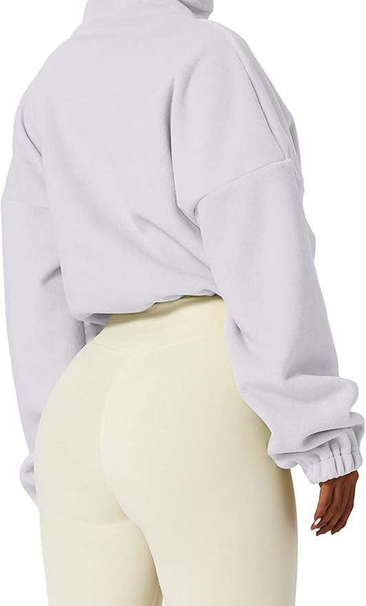 QINSEN Women's Full Zip Fleece Short Jacket Warm Winter Long Sleeve Stand Collar Sherpa Crop Coat