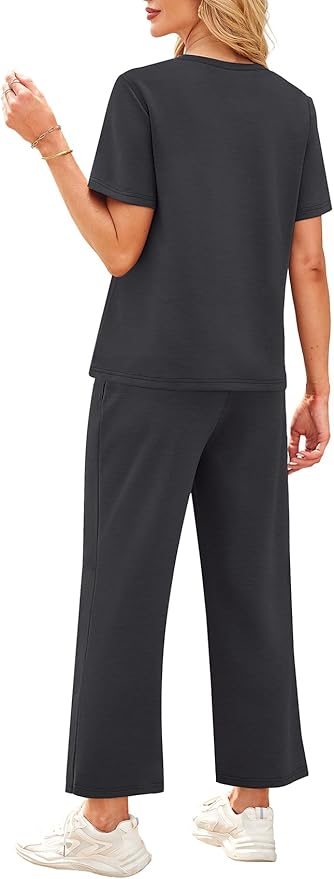 WIHOLL 2 Piece Sets for Women Casual Summer Travel Vacation Outfits Short Sleeve Wide Leg Crop Pants Lounge Sets