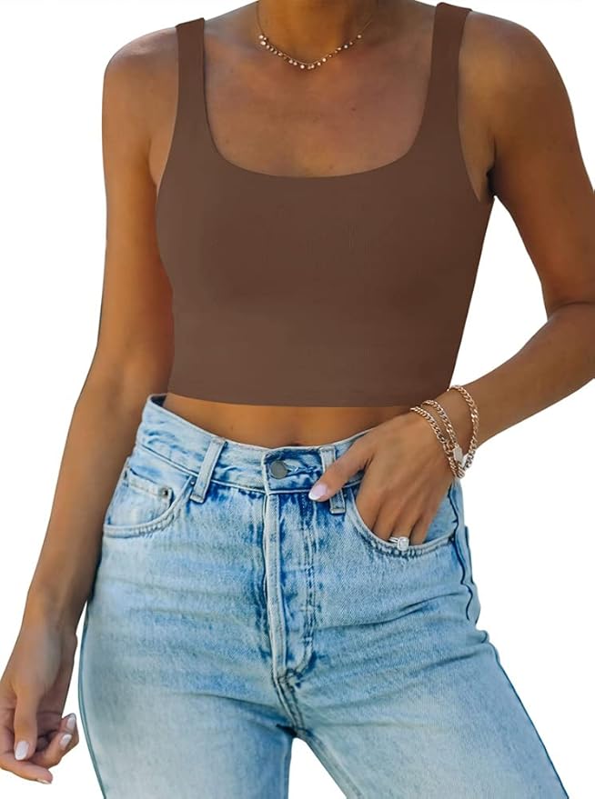 REORIA Women’s Sexy Square Neck Double Lined Seamless Sleeveless Cropped Tank Yoga Crop Basic Tops