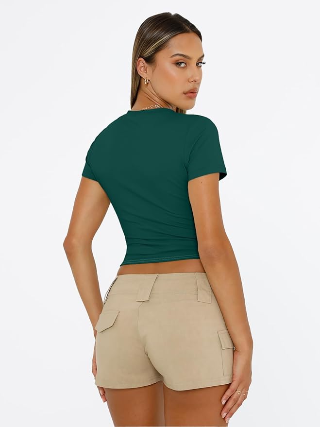 Trendy Queen Womens Short Sleeve T Shirts - Buttery Soft Summer Crop Tops Slim Fit Y2k Basic Tees for Workout