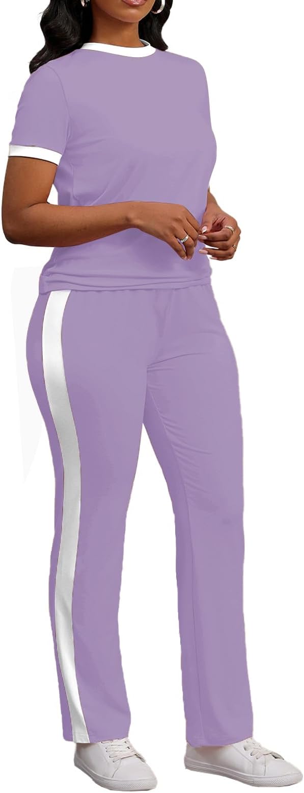 PINSV Women's 2 Piece Outfits Short Sleeve Tops Sweatpants Colorblock Bodycon Lounge Sets Tracksuit