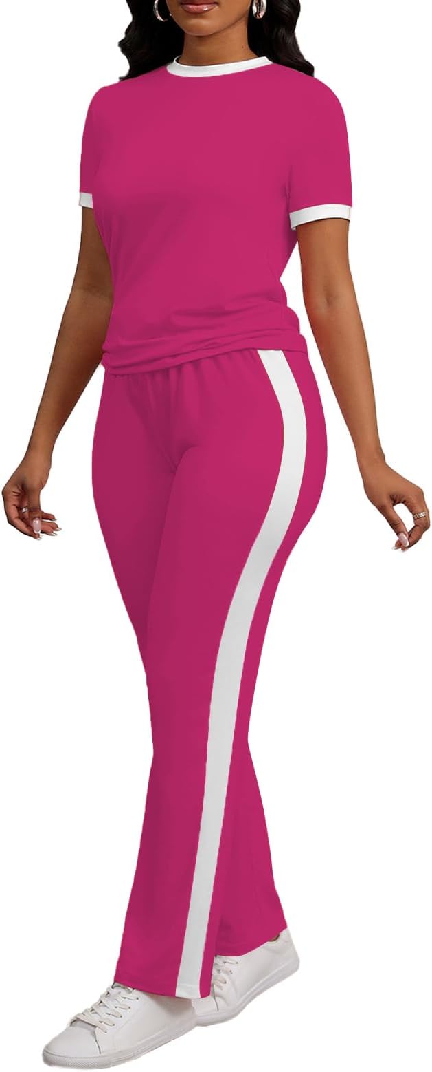 PINSV Women's 2 Piece Outfits Short Sleeve Tops Sweatpants Colorblock Bodycon Lounge Sets Tracksuit