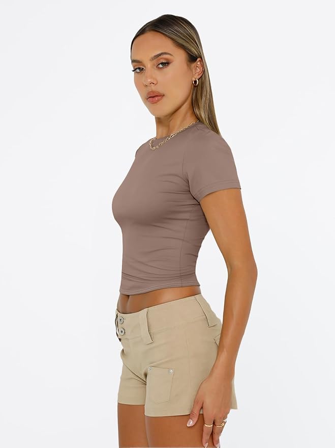 Trendy Queen Womens Short Sleeve T Shirts - Buttery Soft Summer Crop Tops Slim Fit Y2k Basic Tees for Workout