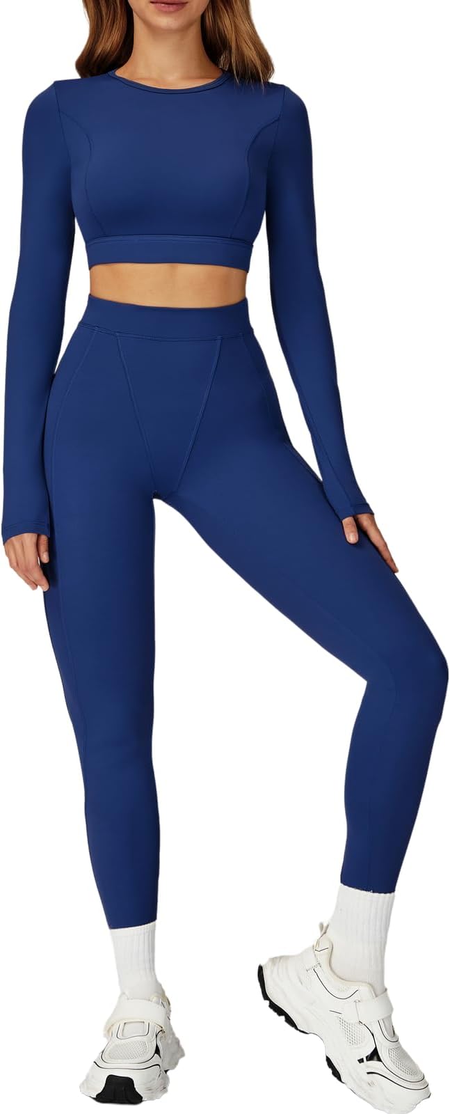 Women’s 2 Piece Workout Set Long Sleeve Crop Top & High Waist Leggings | Stretch Activewear for Gym & Yoga