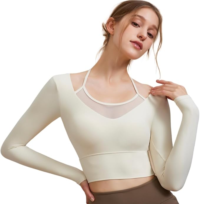 Harssidanzar Women's Yoga Workout Tops 2 in 1 Sports Bra for Gym Athletic Casual Long Sleeve CL312US