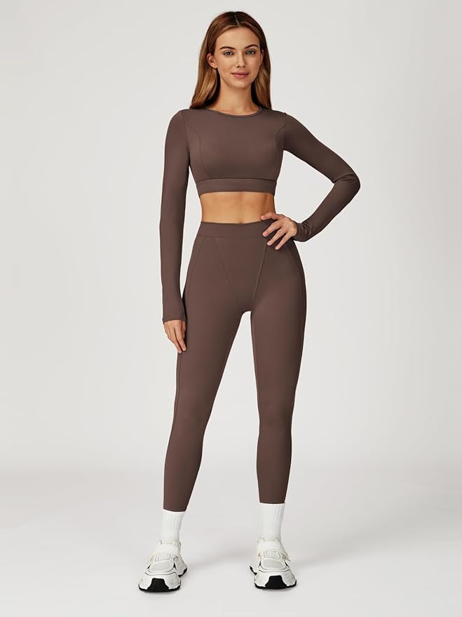Women’s 2 Piece Workout Set Long Sleeve Crop Top & High Waist Leggings | Stretch Activewear for Gym & Yoga