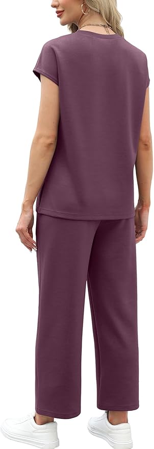 WIHOLL Two Piece Sets for Women Summer Spring Travel Vacation Outfits Cap Sleeve Lounge Matching Sets Wide Leg Pants S-3XL