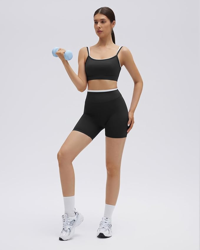 SUUKSESS Women 2 Pieces Workout Sets Padded Spaghetti Straps Camis High Waist Biker Shorts