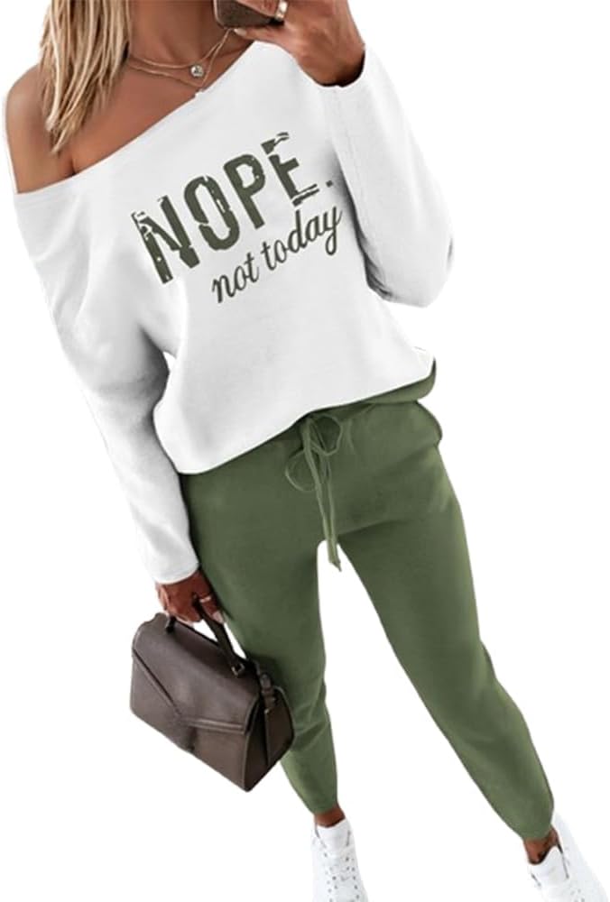 CHICME Women Tracksuit Fall 2 piece Outfits Off The Shoulder Long Sleeve Tops and Pants Set Travel Outfits