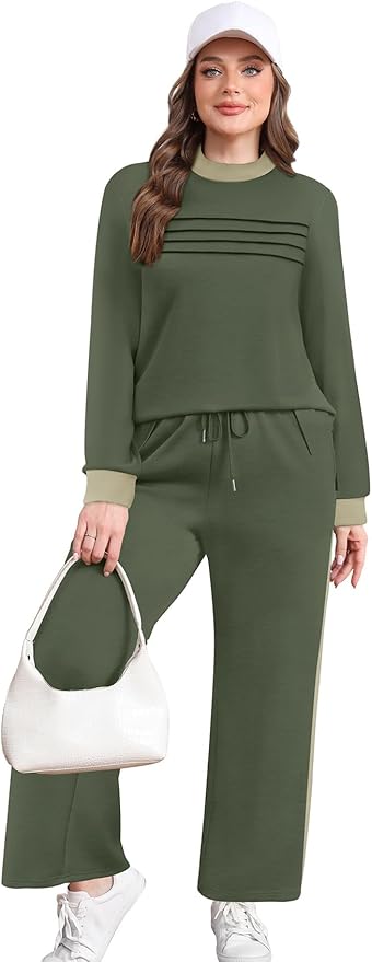 WIHOLL Two Piece Sets for Women Spring Travel Vacation Outfits 2026 Long Sleeve Lounge Sets Side Slit Wide Leg Pants S-3XL