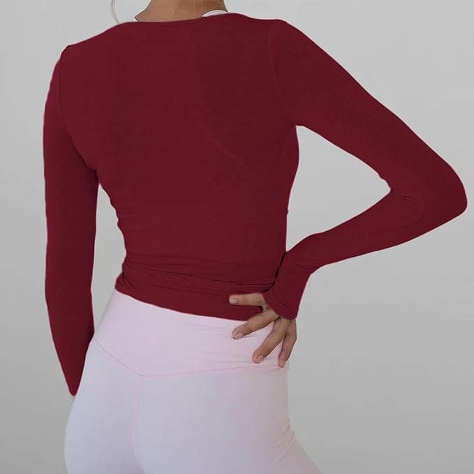 Women Wrap Top Long Sleeve Deep V Neck Cross Tie Workout Ballet Pilates Yoga Shirt