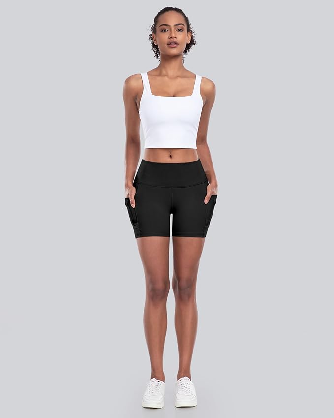 CHRLEISURE Womens Biker Yoga Shorts with Pocket, High Waisted Tummy Control 5 Inch Workout Spandex Athletic Gym Shorts