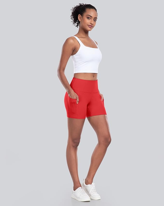 CHRLEISURE Womens Biker Yoga Shorts with Pocket, High Waisted Tummy Control 5 Inch Workout Spandex Athletic Gym Shorts