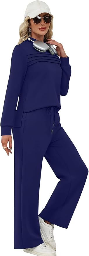 WIHOLL Two Piece Sets for Women Spring Travel Vacation Outfits 2026 Long Sleeve Lounge Sets Side Slit Wide Leg Pants S-3XL