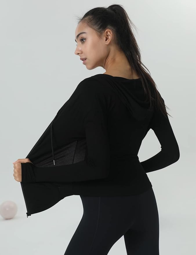 Locachy Womens Slim Fit Full Zip Hoodie Athletic Jacket Yoga Workout Running Jackets with Thumb Holes