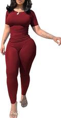 PINSV 2 Piece Sets for Women Summer Casual Jogger Workout Outfits Fitted Crew Neck T-shirt High Waist Legging Sets