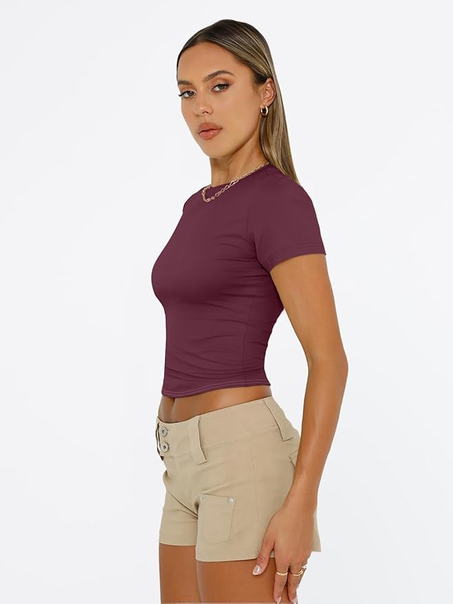 Trendy Queen Womens Short Sleeve T Shirts - Buttery Soft Summer Crop Tops Slim Fit Y2k Basic Tees for Workout