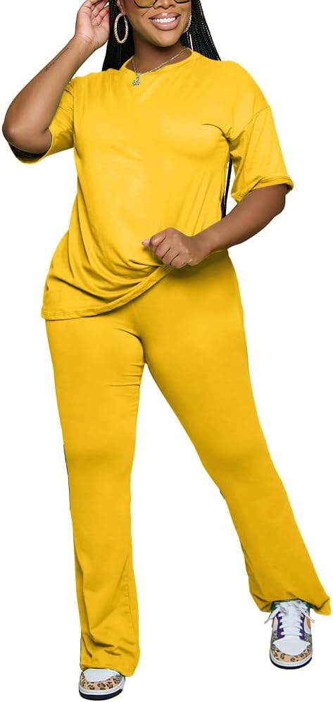 PINSV Women 2 Piece Outfits Short Sleeve Top and Flare Pants Lounge Sets Tracksuit
