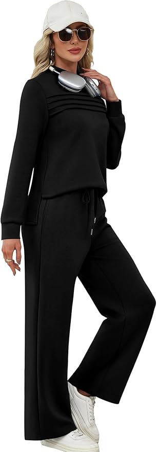 WIHOLL Two Piece Sets for Women Spring Travel Vacation Outfits 2026 Long Sleeve Lounge Sets Side Slit Wide Leg Pants S-3XL
