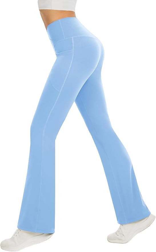 DLOODA Women's Yoga Pants with Pockets No Front Seam Crossover High Waisted Flare Leggings Tummy Control Bootcut Pants