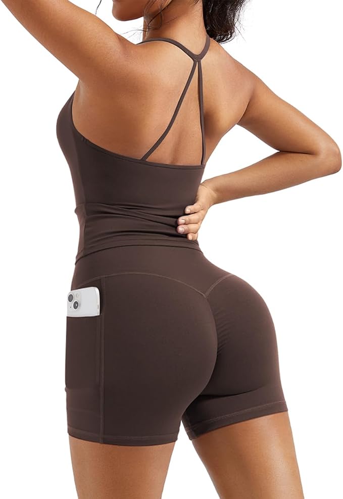OMKAGI 2 Piece Workout Sets for Women Padded Sports Bra Tank Booty Gym Shorts with Pockets