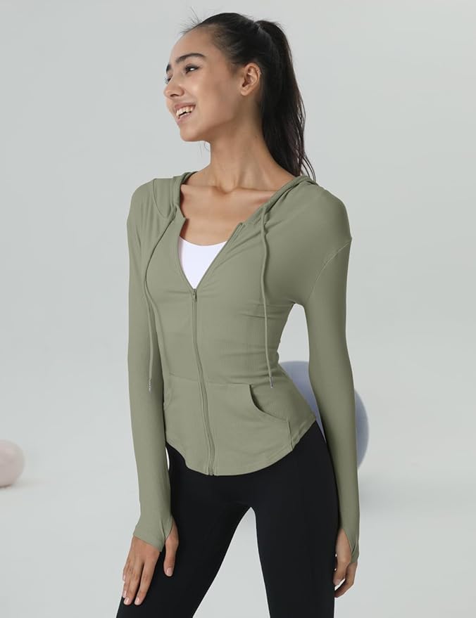 Locachy Womens Slim Fit Full Zip Hoodie Athletic Jacket Yoga Workout Running Jackets with Thumb Holes