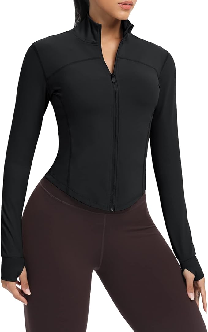 AVGO Women's Cropped Running Workout Jackets Zip Slim Fit Athletic Tops with Thumb Holes