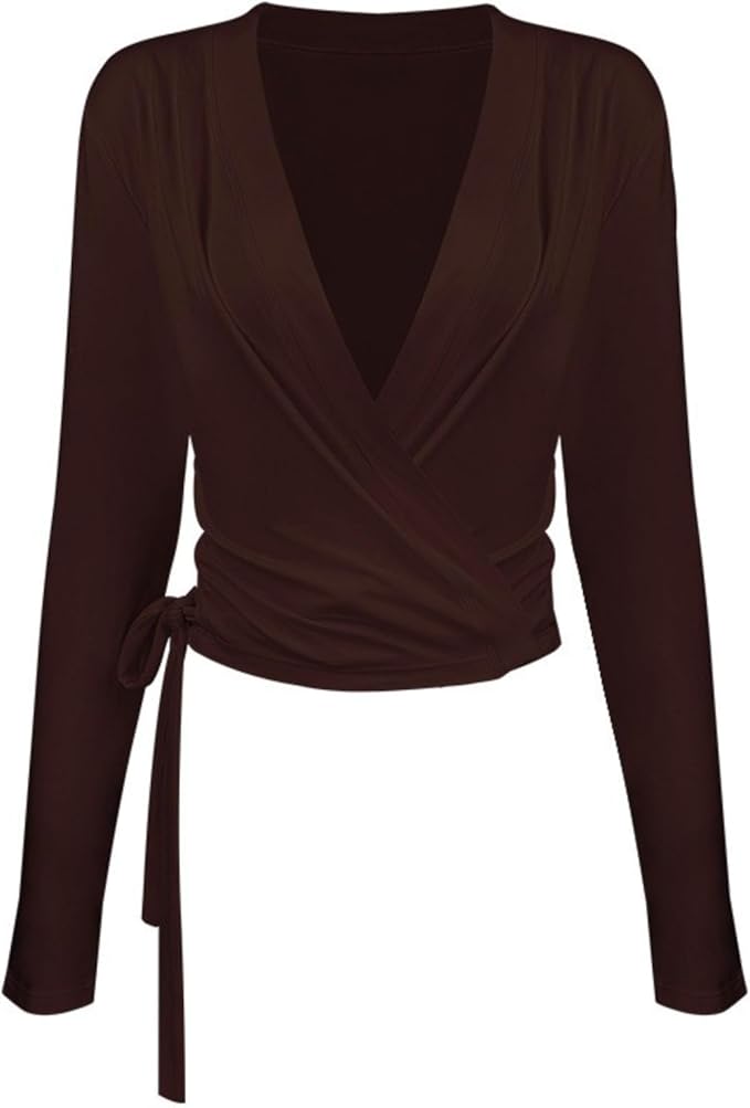 Yoga outfit with feminine temperament, cross V-neck, slimming effect, pleated waist, slim fit, sports long sleeved outfit