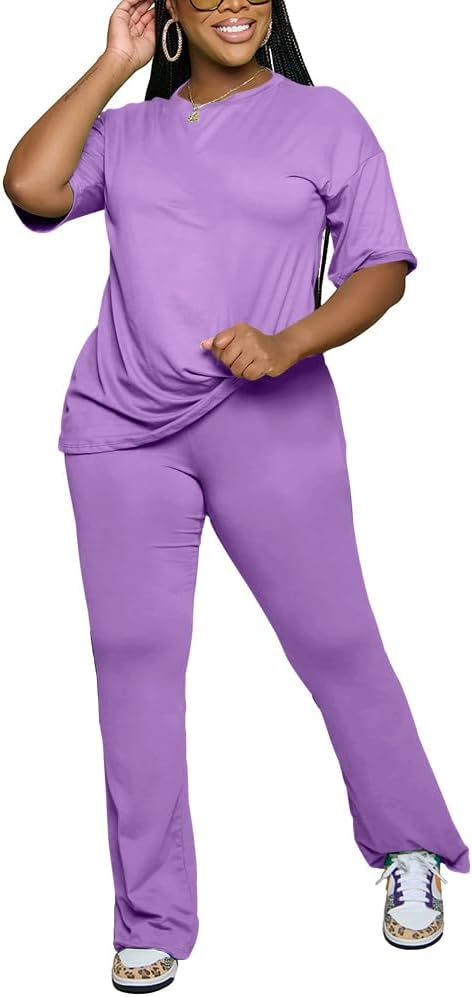 PINSV Women 2 Piece Outfits Short Sleeve Top and Flare Pants Lounge Sets Tracksuit