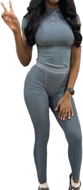 AYWA Two Piece Outfits for Women Fitted Crew Neck T-shirt High Waist Leggings Biker Shorts Matching Sets Streetwear