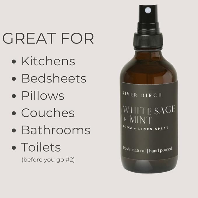 River Birch White Sage + Mint Scented Linen and Room Spray | Home Fragrance | 4 oz Glass Amber Bottle | Luxury Signature Scent | Handmade in Texas