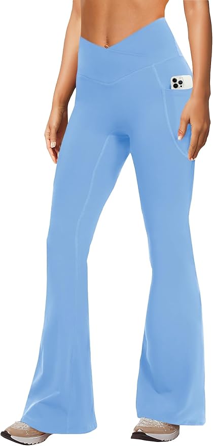 DLOODA Women's Yoga Pants with Pockets No Front Seam Crossover High Waisted Flare Leggings Tummy Control Bootcut Pants