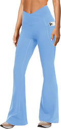 DLOODA Women's Yoga Pants with Pockets No Front Seam Crossover High Waisted Flare Leggings Tummy Control Bootcut Pants